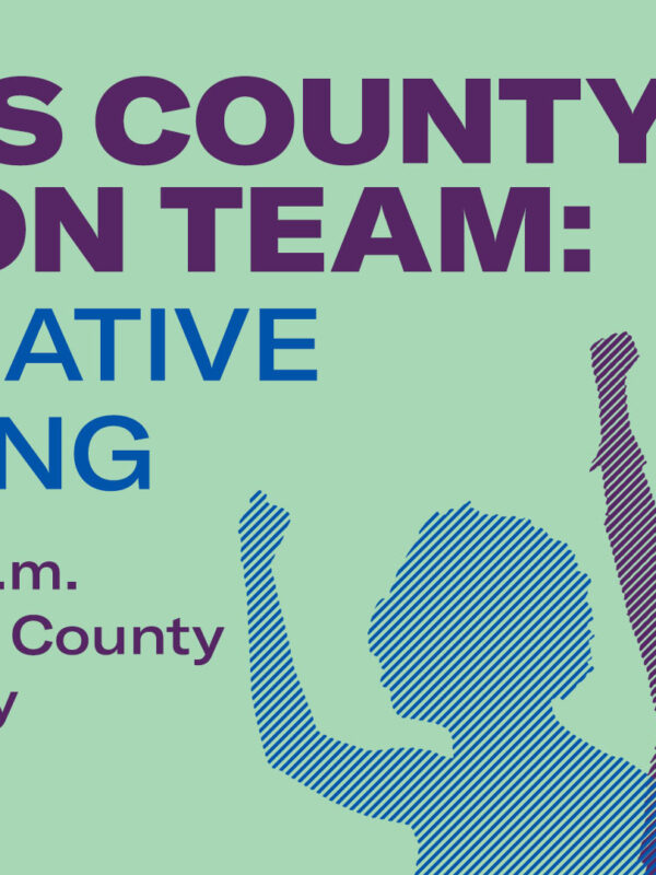 purple text saying "lucas county action team: legislative training' on light blue background with the outline of people protesting