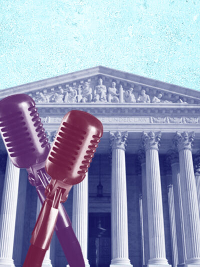 collage containing a blue U.S. Supreme Court, and maroon and purple microphones on a grunge textured azure background