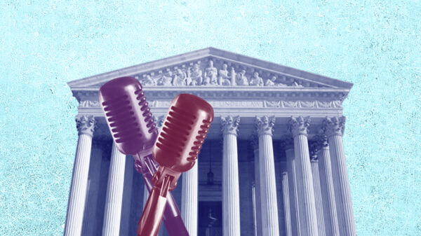 collage containing a blue U.S. Supreme Court, and maroon and purple microphones on a grunge textured azure background