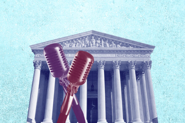 collage containing a blue U.S. Supreme Court, and maroon and purple microphones on a grunge textured azure background