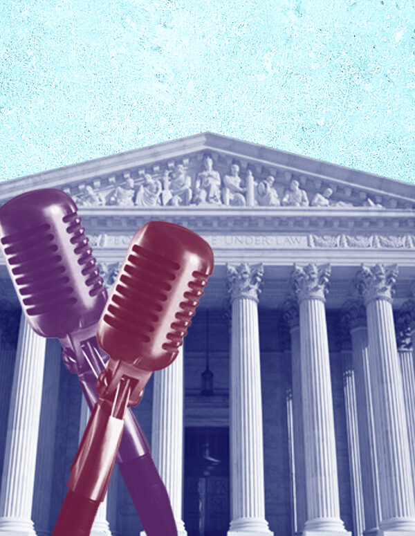 collage containing a blue U.S. Supreme Court, and maroon and purple microphones on a grunge textured azure background