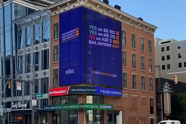 Navy Billboard in Columbus, Ohio that says 'Yes On SB 182, Yes On HB 315, No On HJR2,' and 'Bail Reform Now'