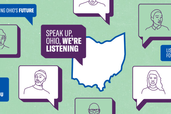 Collage of purple cartoon outlined portraits in individual talk boxes, blue color talk boxes, with the shape of ohio and one purple talk box that read 'speak up, Ohio, we're listening' in white on a textured green background