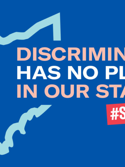 Blue background with the outline of Ohio in trans flag colors; Text reading "discrimination has no place in our state. #StopHB454"