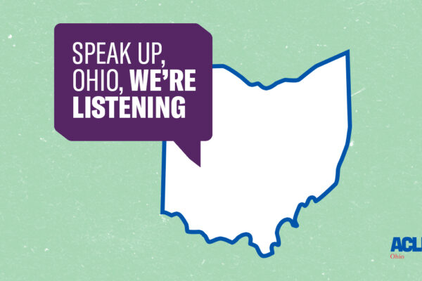 speak up ohio, we're listening in a purple speech bubble next to the outline of ohio