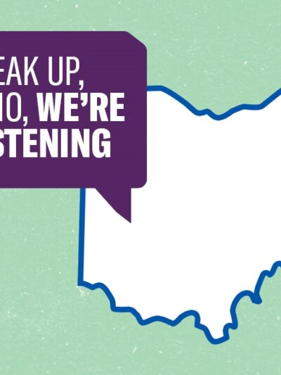 speak up ohio, we're listening in a purple speech bubble next to the outline of ohio