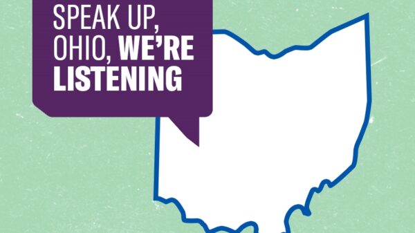 speak up ohio, we're listening in a purple speech bubble next to the outline of ohio