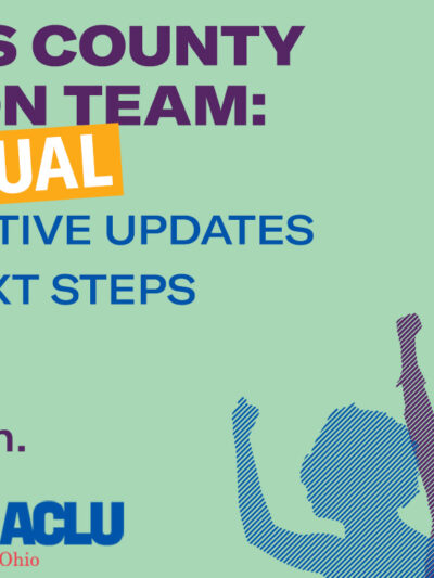 Green background with multicolored figures along with the words Lucas County Action Team Virtual Legislative Updates and Next Steps