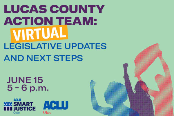 Green background with multicolored figures along with the words Lucas County Action Team Virtual Legislative Updates and Next Steps