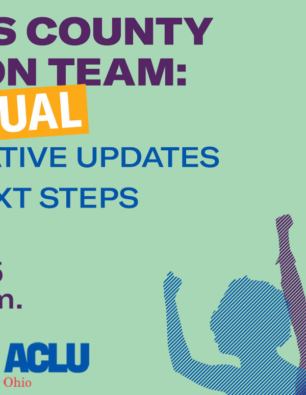 Green background with multicolored figures along with the words Lucas County Action Team Virtual Legislative Updates and Next Steps