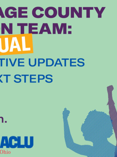 Green background with multicolored figures and words saying Portage County Action Team Legislative Updates and Next Steps