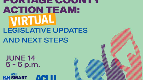 Green background with multicolored figures and words saying Portage County Action Team Legislative Updates and Next Steps