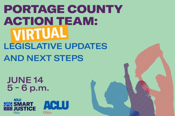 Green background with multicolored figures and words saying Portage County Action Team Legislative Updates and Next Steps