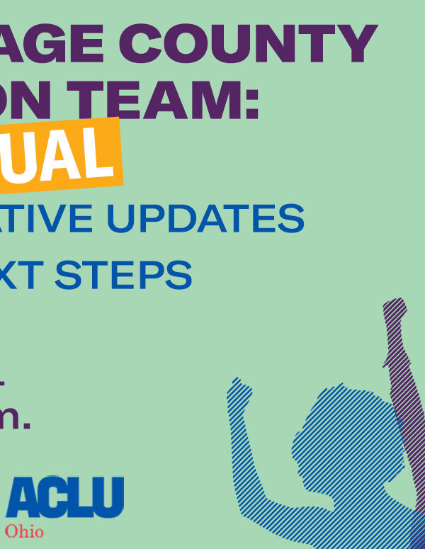 Green background with multicolored figures and words saying Portage County Action Team Legislative Updates and Next Steps