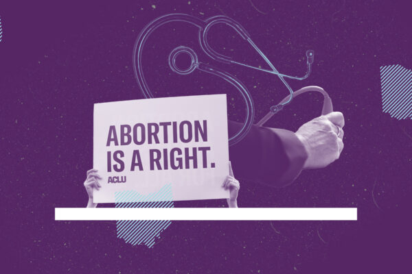 Collage on a textured purple background with a stethoscope, an ultrasound wand, three state of Ohio shapes, and a sign that reads 'abortion is a right'