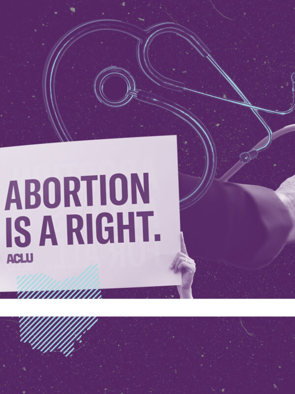 Collage on a textured purple background with a stethoscope, an ultrasound wand, three state of Ohio shapes, and a sign that reads 'abortion is a right'