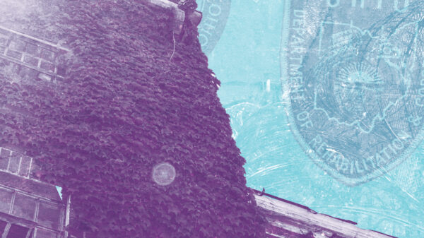 An ivy covered brick building with a purple overlay on a textured azure background with the ODRC badge