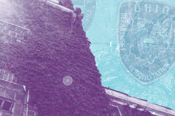 An ivy covered brick building with a purple overlay on a textured azure background with the ODRC badge