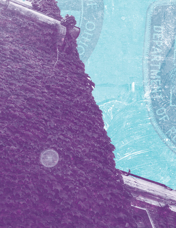 An ivy covered brick building with a purple overlay on a textured azure background with the ODRC badge