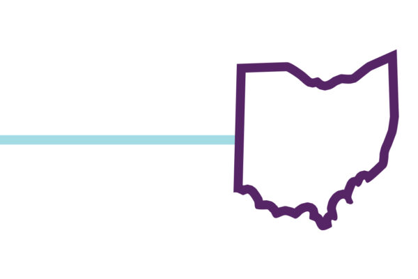 The shape of the state of Ohio with a purple outline and a horizontal azure line on a white background