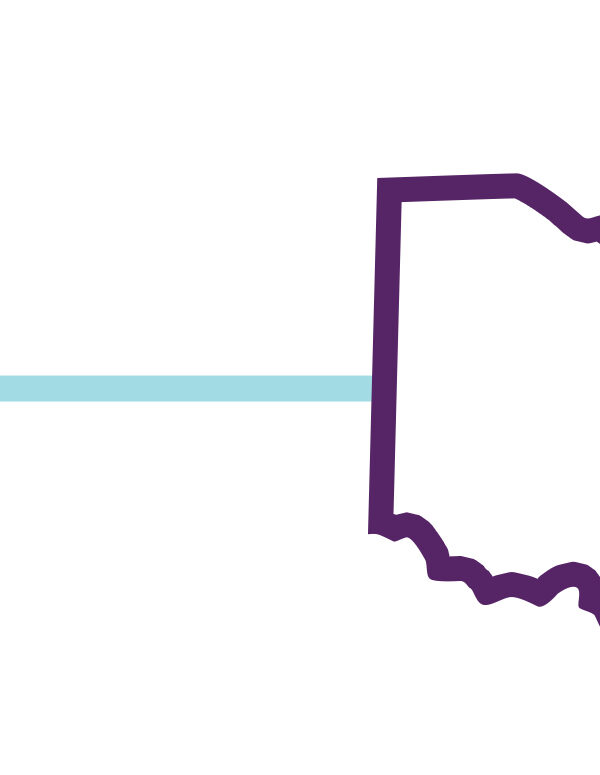 The shape of the state of Ohio with a purple outline and a horizontal azure line on a white background