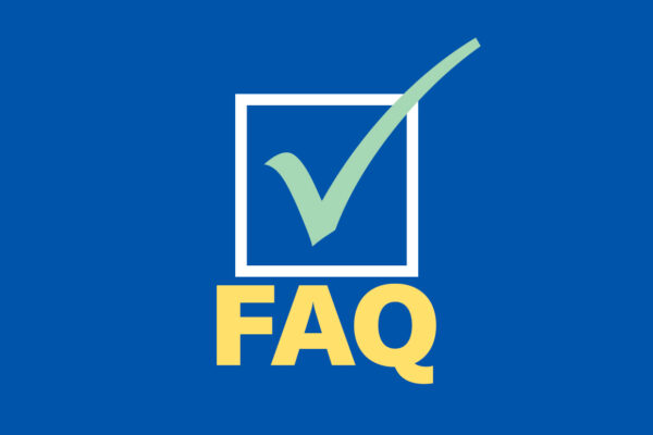 White box with a green checkmark with the word 'FAQ' on a blue background