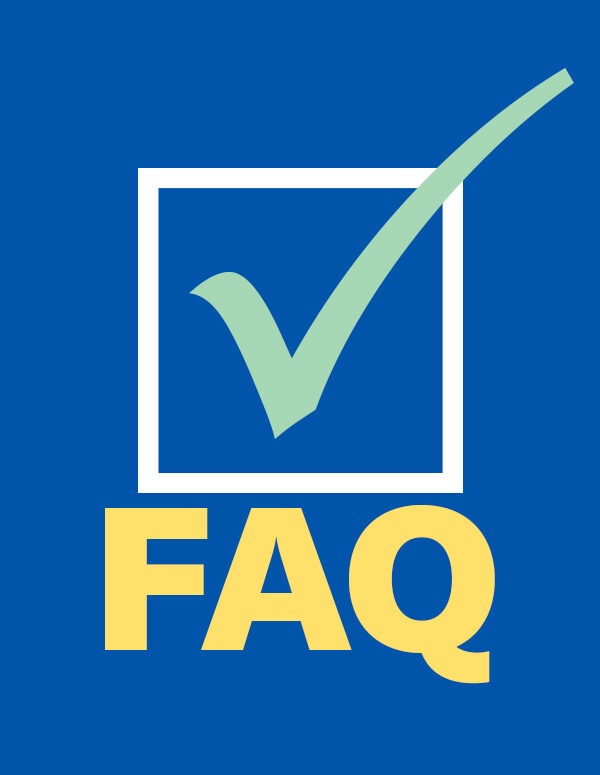 White box with a green checkmark with the word 'FAQ' on a blue background