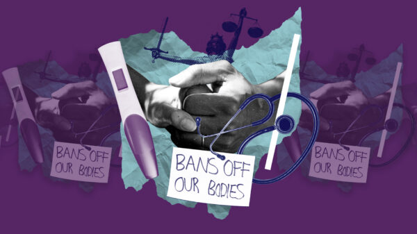 Collage with a pregnancy test, holding hands, the scales of justice, a stethoscope and a sign that says 'bans off our bodies' on a blue Ohio on a purple background