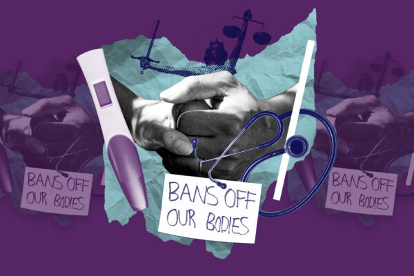 Collage with a pregnancy test, holding hands, the scales of justice, a stethoscope and a sign that says 'bans off our bodies' on a blue Ohio on a purple background