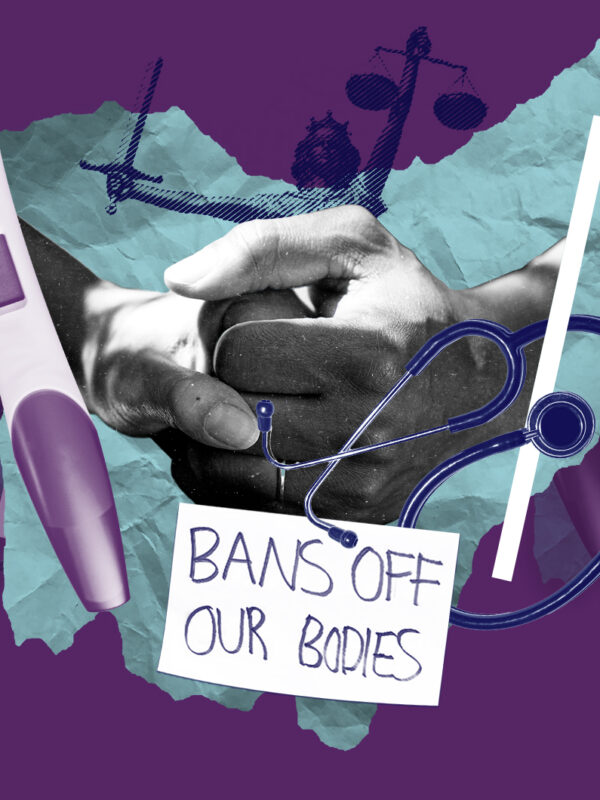 Collage with a pregnancy test, holding hands, the scales of justice, a stethoscope and a sign that says 'bans off our bodies' on a blue Ohio on a purple background