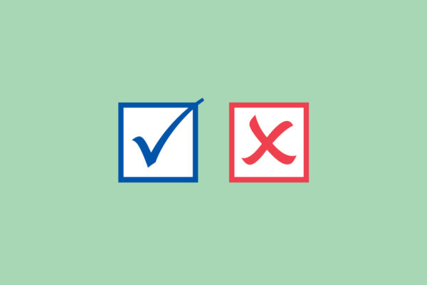 Blue check mark in a blue box and a red x in a red box on a green background