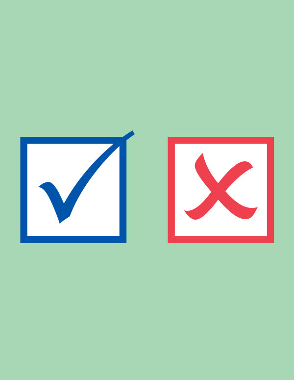 Blue check mark in a blue box and a red x in a red box on a green background