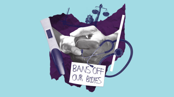 Collage with a pregnancy test, holding hands, the scales of justice, a stethoscope and a sign that says 'bans off our bodies' on a blue Ohio on an azure background