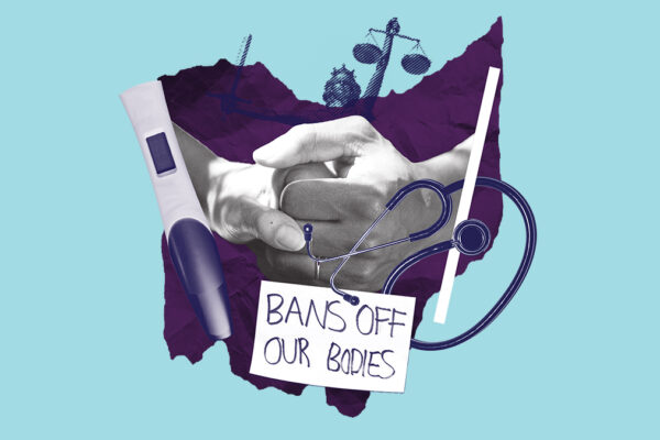 Collage with a pregnancy test, holding hands, the scales of justice, a stethoscope and a sign that says 'bans off our bodies' on a blue Ohio on an azure background