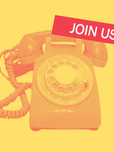 Yellow background with red old fashioned telephone and white letters reading "join us"