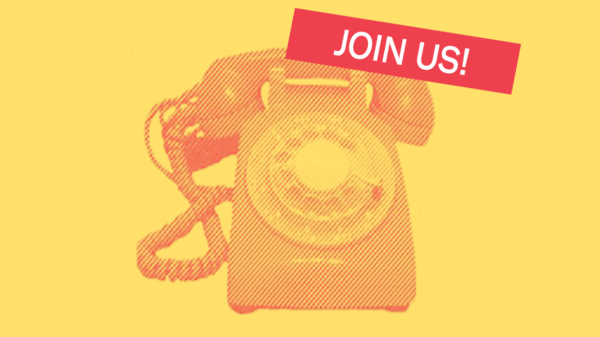Yellow background with red old fashioned telephone and white letters reading "join us"