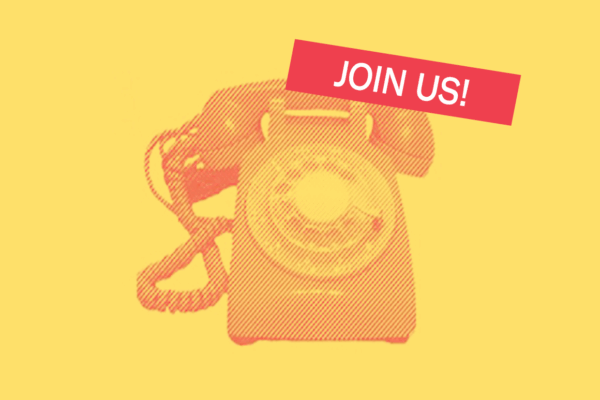 Yellow background with red old fashioned telephone and white letters reading "join us"