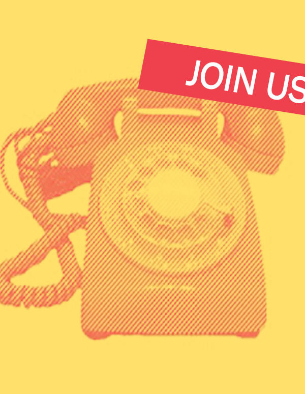 Yellow background with red old fashioned telephone and white letters reading "join us"