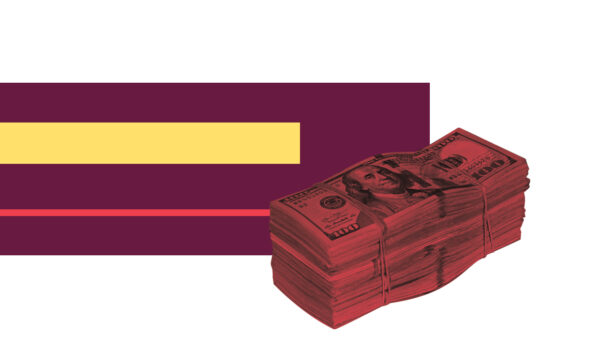 A red stack of money with various sized rectangles, red, yellow and maroon, behind it.