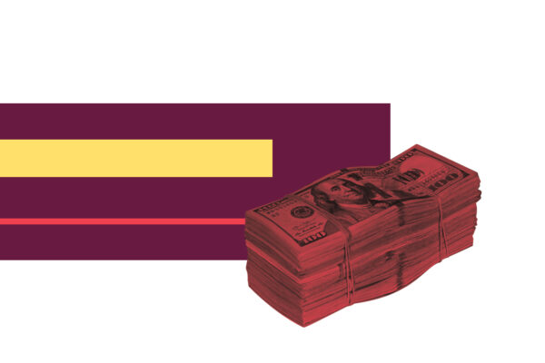 A red stack of money with various sized rectangles, red, yellow and maroon, behind it.