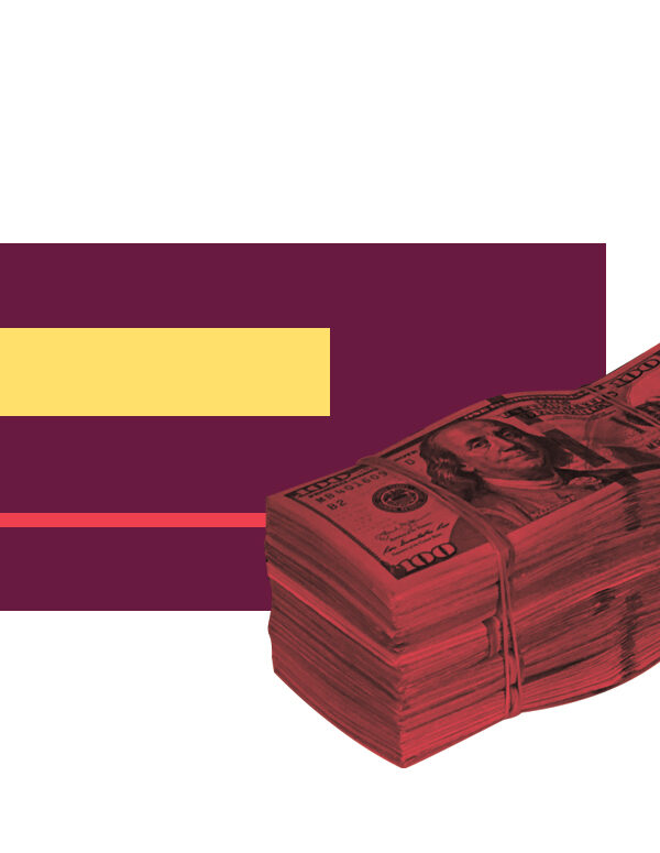 A red stack of money with various sized rectangles, red, yellow and maroon, behind it.