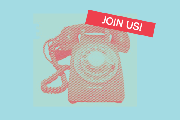 Blue background with red old fashioned telephone and white letters reading "join us"