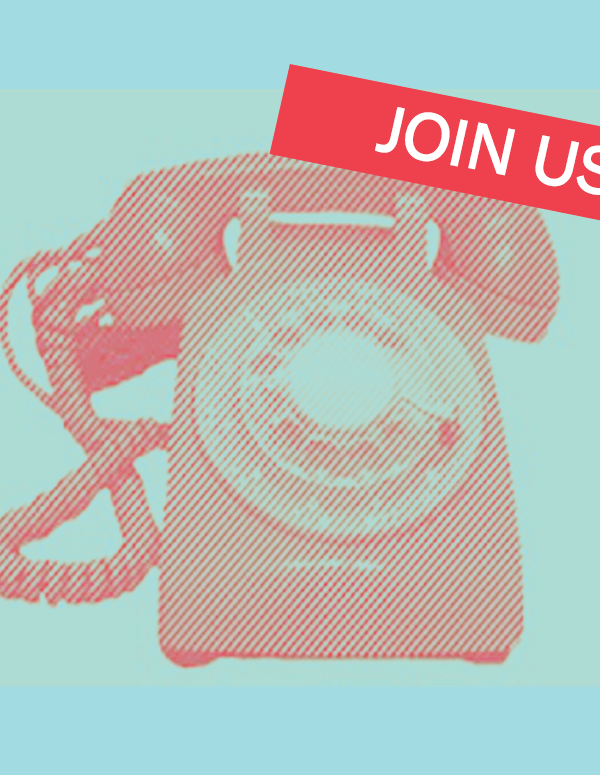 Blue background with red old fashioned telephone and white letters reading "join us"