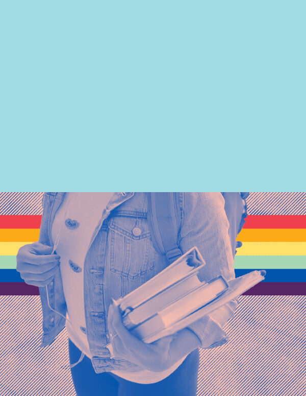student holding books with pride flag in the background