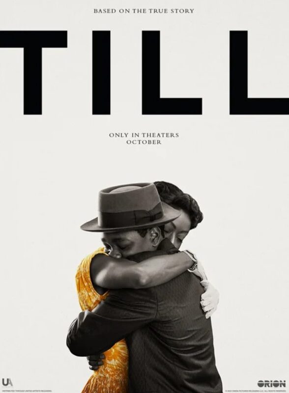 Poster of the movie "Till" with actors playing Emmett Till and Mamie Till-Mobley embracing