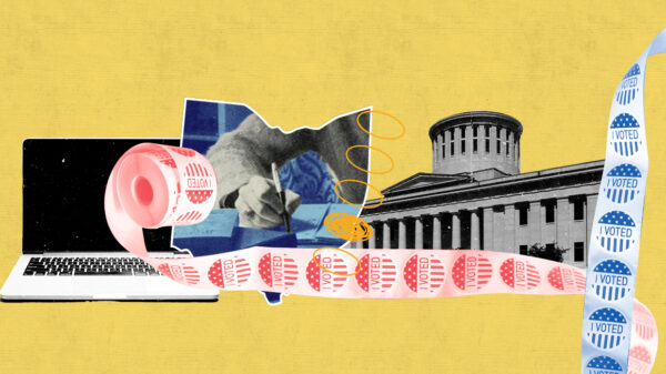 computer, roll of "i voted' stickers, the statehouse, and outline of ohio all with a yellow background