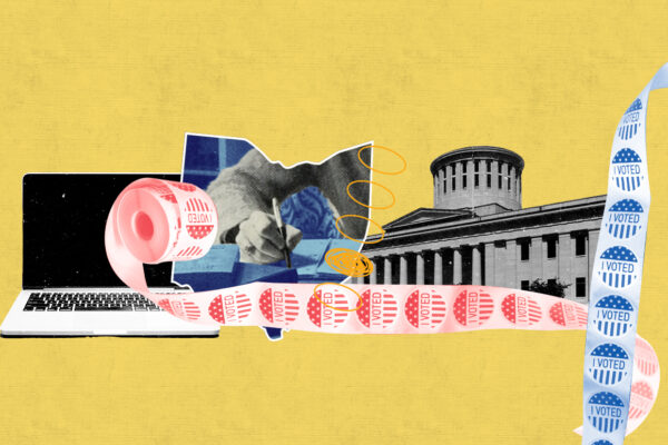 computer, roll of "i voted' stickers, the statehouse, and outline of ohio all with a yellow background