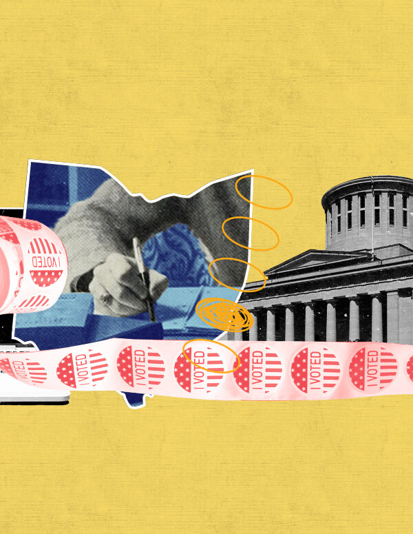 computer, roll of "i voted' stickers, the statehouse, and outline of ohio all with a yellow background