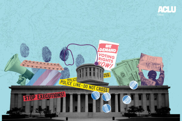 statehouse with various issue posters