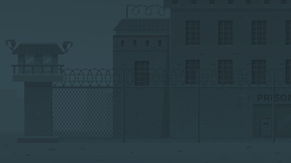 A cartoon image of the exterior of a prison with a dark color overlay